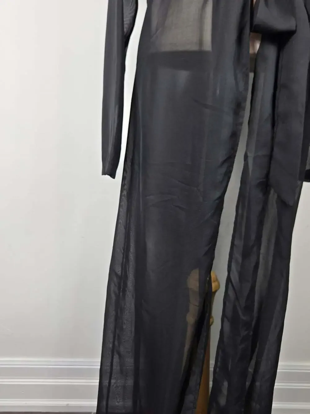 Lux LA Sheer Black Mesh Maxi Duster Robe Tie Waist Y2K Goth M
